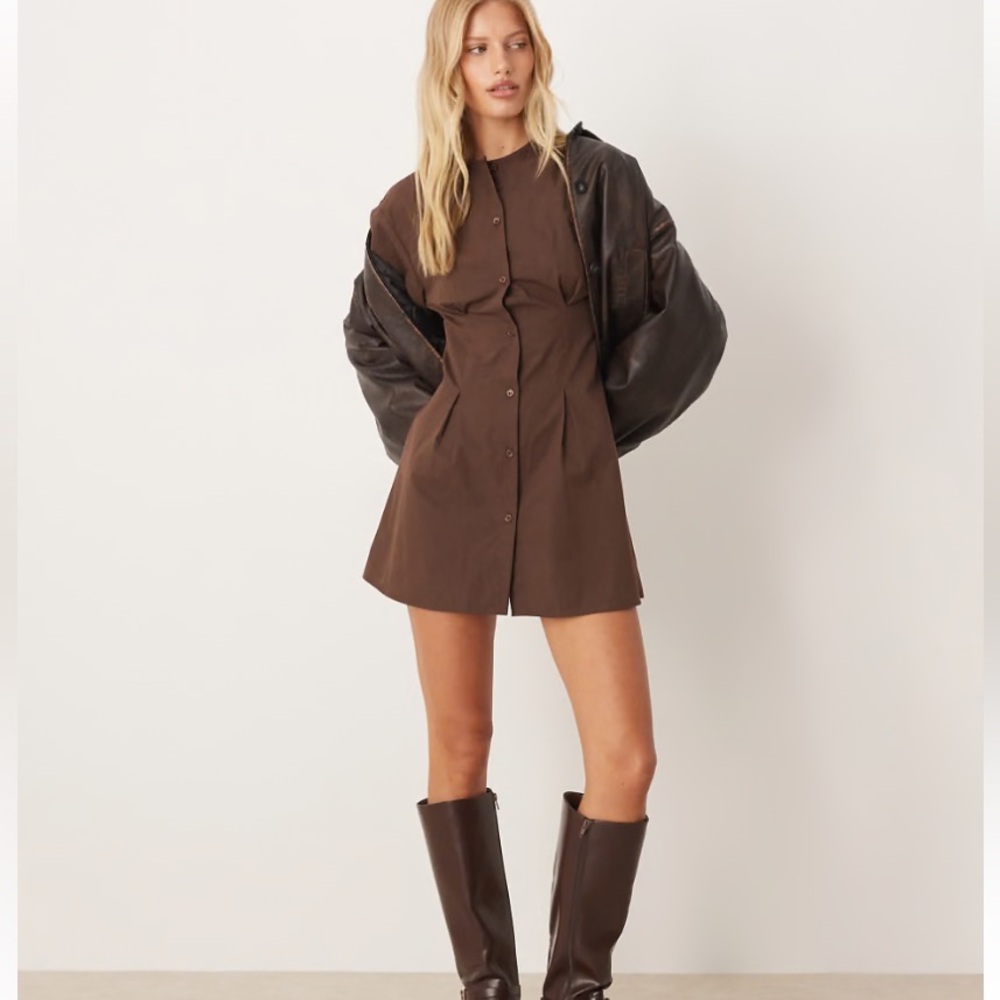 ASOS Design round neck Chocolate Button-Up  waisted Cotton Mini Dress size 2 Nwt - Picture 2 of 9